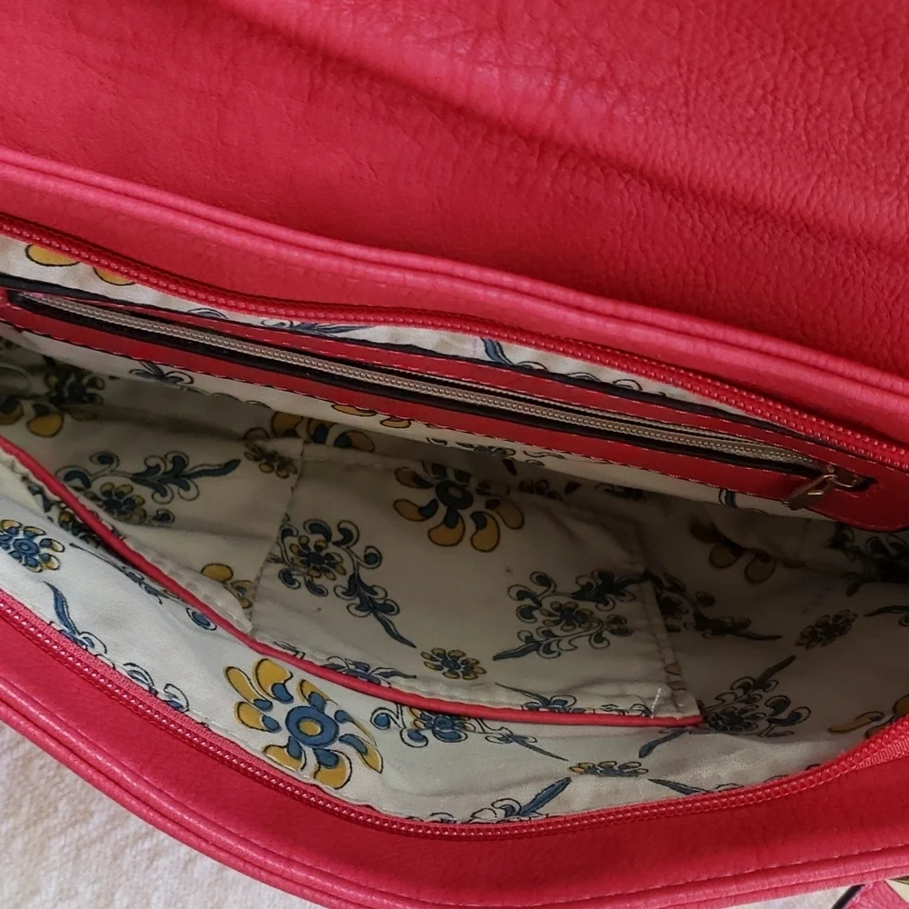 RED studded-embellished lipstick red vegan leather shoulder bag